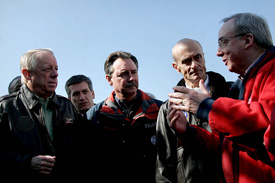 Left: Union President David S. Dockery explains to Secretary of Homeland Security, Michael Chertoff, Director of FEMA, David Paulson and Governor Phil Bredesen the extent of the damage the tornado caused to the dormitories and to the rest of the school's campus. Photo by Kyle Kurlick.