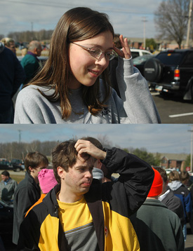 Evangeline Webb and Nathan Tilly wait for assistance while at command central on Union's torn campus.  Photos by Matthew Diggs