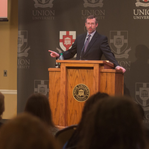 Gregory A. Wills, David T. Porter Professor of Church History at Southern Baptist Theological Seminary, speaks at the third annual Dockery Lectures Feb. 21 at Union University. (Photo by Lynn Tucker)