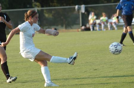 Katie Sale kicks the ball toward the Union offense in hopes of starting a Union attack in Union's 1-0 win over Freed-Hardeman. - Photo by Tommy Sadler