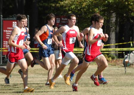 Union's Joel Wellum (right), Seth Covington (middle), and Zach Covington take the early lead at the start of the Union University Cross Country Invitational. - Photo by Steven Aldridge