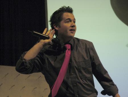 Junior Jonathan Lambach works the crowd as he hosts the SAC Game Show during Focus. - Photo by Sarah Palmer Goff