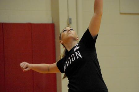 CJ Neathamer serves the ball for Union on Think Pink Night in a match versus Rhodes (Tenn.) College. - Photo by Morris Abernathy