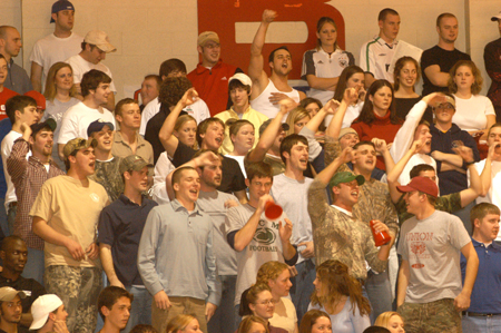 Students cheers the Bulldogs on to victory against Hannabal-LaGrange during Homecoming 2003. - Photo by Lindsay Stavish