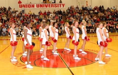 Union cheerleaders perform at halftime of Homecoming game. - Photo by Morris Abernathy