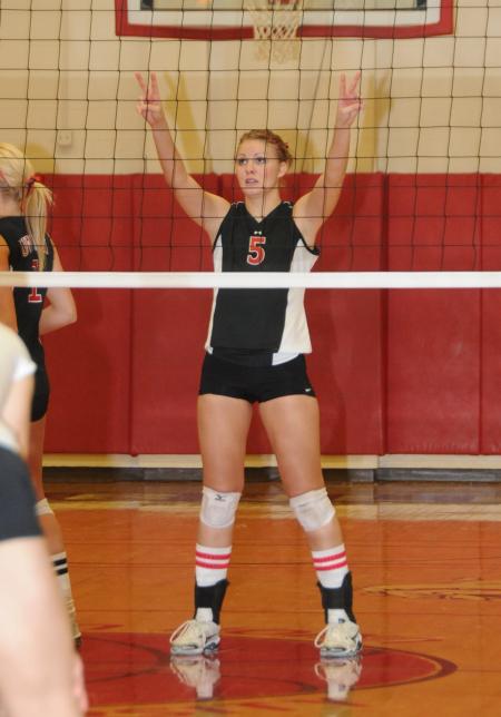 Ashley Young awaits the serve from one of her teammates during the TranSouth Conference Tournament Championship match. - Photo by Morris Abernathy