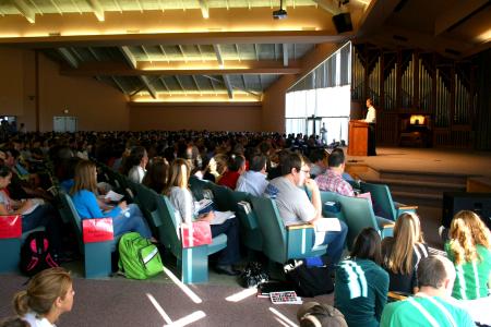 Preview Day on October 10, with speaker David Platt, brought in so many prospective students that chapel attendees needed to sit on the floor to make room. - Photo by Kristi McMurry Woody