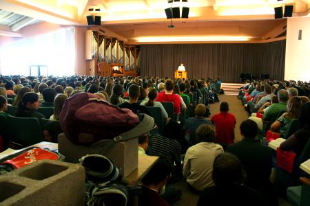Preview day on October 10, with speaker David Platt, brought in so many prospective students that chapel attendees needed to sit on the floor to make room. - Photo by Kristi McMurry Woody