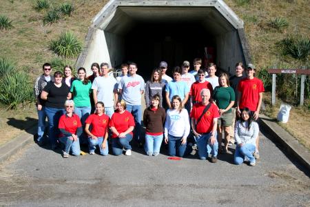 Participants in the community service project at the Pinson Mounds State Archaeological Park gather in front of the park museum shortly after their morning arrival.  The project was headed up by the history department. - Photo by Kristi McMurry Woody