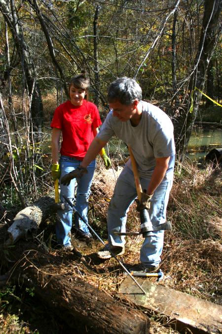 History professor David Thomas and Trista Rowland, senior history major, hammer in a piece of rebar into a bog bridge.  This bridge was built as part of a Day or Remembrance project.  - Photo by Kristi McMurry Woody