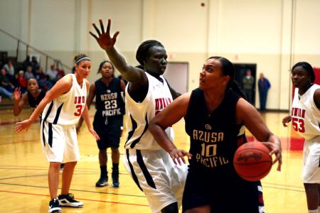 Zeinab Chan plays defense in Union's win over Azusa Pacific (Calif.) University in the Jackson Rotary Classic.  - Photo by Kristi McMurry Woody