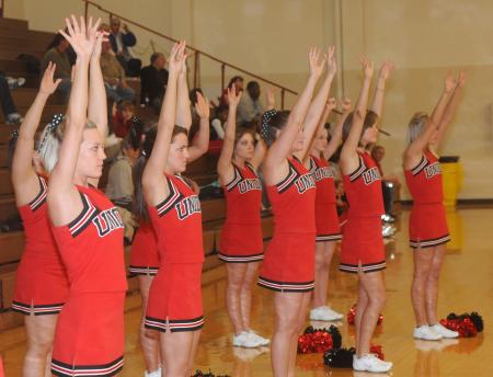 Union cheerleaders cheer for the Bulldogs during their game versus Life (Ga.) University. - Photo by Morris Abernathy