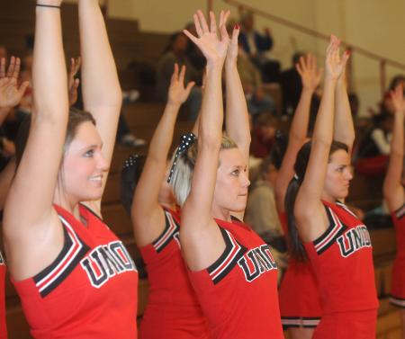 Union cheerleaders encourage the Bulldogs during a game. - Photo by Morris Abernathy
