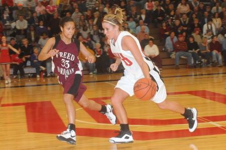 Sophomore guard Kayla Hudson (20) brings the ball down the floor. - Photo by Morris Abernathy