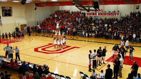 Union prepares to play Freed-Hardeman in the TranSouth Conference Tournament Finals.  Union fans came dressed in red. - Photo by Kristi McMurry Woody