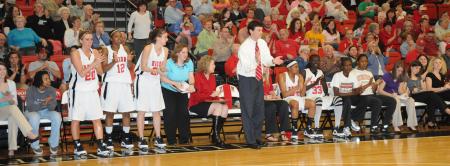 Coach Mark Campbell encourages his players from the sidelines during the TranSouth Tournament Championship. - Photo by Morris Abernathy