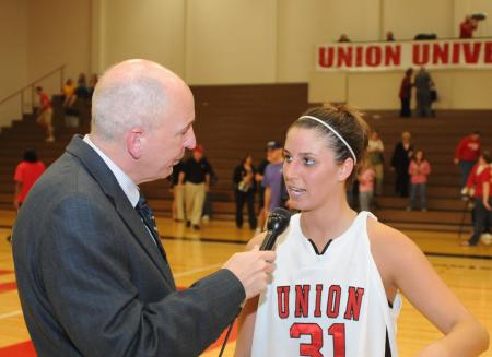 Steve Beverly interviews Senior Merideth Richardson Jacobs after the TranSouth Tournament Championship. - Photo by Morris Abernathy