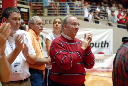 President Dockery and SID Steven Aldridge (left) proudly watch the Lady Bulldogs as they celebrate winning the 2009 NAIA championship. - Photo by Kristi McMurry Woody