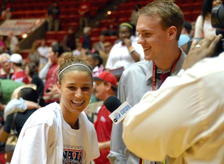 Merideth Richardson Jacobs laughs during an interview with Jonathan Huskey of WBBJ after winning the NAIA championship. - Photo by Kristi McMurry Woody