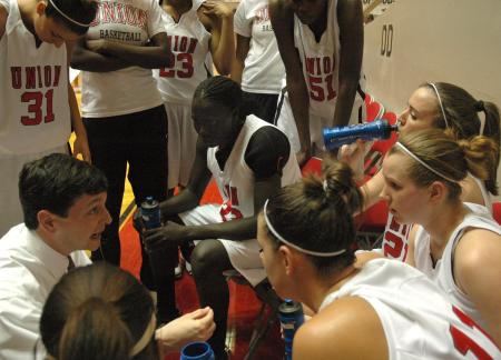 Union head coach Mark Campbell talks with his team. Union claims 2009 NAIA Women's Basketball National Title. - Photo by Jordan Buie