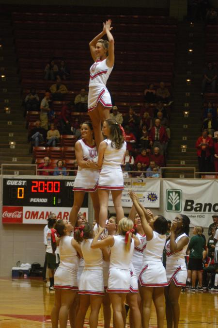 The cheerleaders perform before the NAIA tournament semifinals against Oklahoma Baptist University. - Photo by Angela Abbamonte
