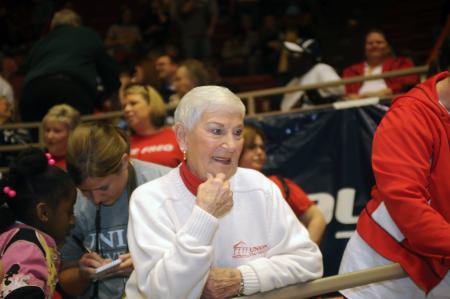 Mrs. Norma Fesmire celebrates with the Lady Bulldogs after their victory over Lambuth in the NAIA National Championship. - Photo by Morris Abernathy