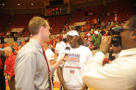 Union's Josphine Owino talks with local media after the Lady Bulldogs claimed their fourth NAIA National Title. - Photo by Morris Abernathy