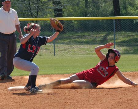 Lindsey Landreneau slides safely into second for a stolen base. - Photo by Steven Aldridge
