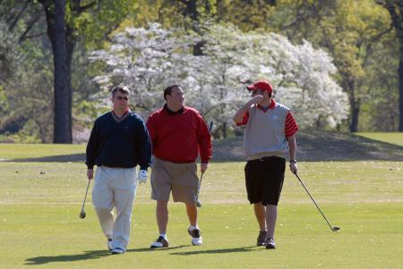 Members of Chuck Futrell's non-competing team Ryan Brown, Kenny Sutherland and Jerry Lynn Morris participate in Union's first Roy L. White Golf & Gala golf tournament. - Photo by Morris Abernathy