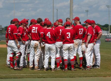 The Union baseball team listens to Head Coach Brent Fronabarger after winning the 2009 TranSouth Conference Tournament. - Photo by Steven Aldridge