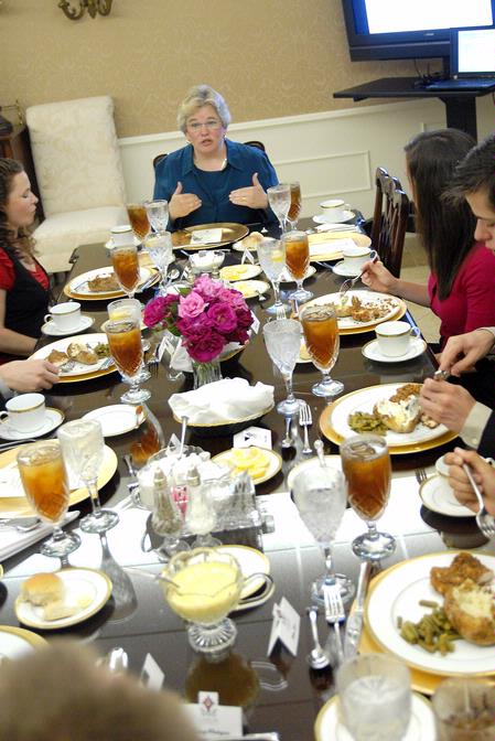 First Lady Lanese Dockery demonstrates and discusses proper interview etiquette with students at the 2009 Etiquette Luncheon. - Photo by Kristi McMurry Woody