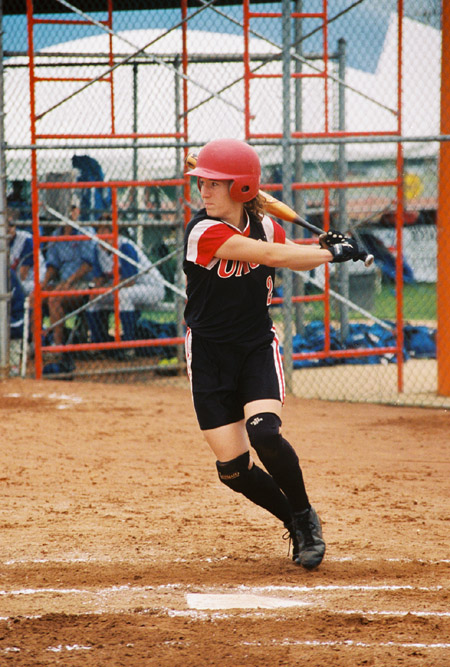 Allison Shein, left fielder from Lighthouse Point, Fla. at the 2003 NAIA Softball World Series in Decatur, Ala. versus the University of Mary. - Photo by Steven Aldridge