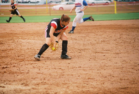 Amy Mejia, shortstop from Broken Arrow, Okla. at the 2003 NAIA Softball World Series in Decatur, Ala. versus the University of Mary. - Photo by Steven Aldridge