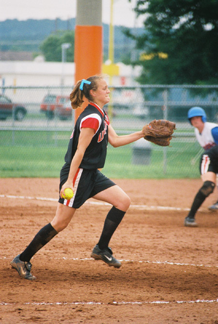 Leah Gronberg, pitcher from College Station, Texas. at the 2003 NAIA Softball World Series in Decatur, Ala. versus the University of Mary. - Photo by Steven Aldridge