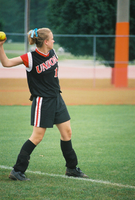 Katie Tipton, out fielder from Louisville, Ky. at the 2003 NAIA Softball World Series in Decatur, Ala. versus the University of Mary. - Photo by Steven Aldridge
