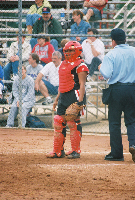 Megan Quarry, catcher from Decatur, Ala. at the 2003 NAIA Softball World Series in Decatur, Ala. versus the University of Mary. - Photo by Steven Aldridge