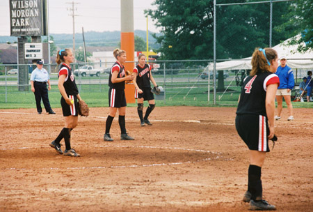 Leah Gronberg, pitcher from College Station, Texas and the Union infield gets ready for a pitch at the 2003 NAIA Softball World Series in Decatur, Ala. versus the University of Mary. - Photo by Steven Aldridge