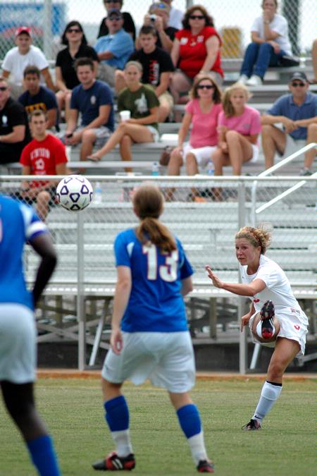Mollie Beanblossom passes the ball as time runs out during the first half of Saturday's game. Union defeated Brewton-Parker (Ga.) 5-2. - Photo by Beth Spain