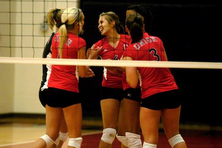 Union celebrates a point between plays during the match against Brescia (Ky.). - Photo by Sarah Palmer Goff