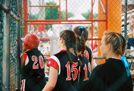 Lady Bulldog dugout watching the action at the 2003 NAIA Softball World Series in Decatur, Ala. versus the University of Mary. - Photo by Steven Aldridge