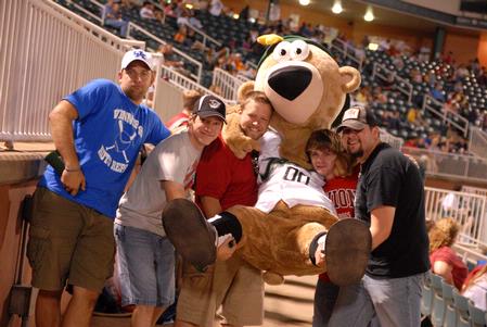 Union students pose with the Diamond Jaxx mascot on college night held at Pringles Park.  Many Union faculty and students attended for this special night. - Photo by Kristi McMurry Woody