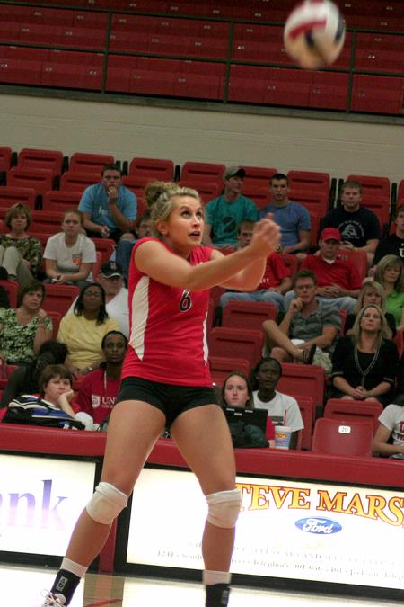 Kelsey Duling, junior business major, passes the ball in the match against Martin Methodist. The Lady Bulldogs won this match 3-0. - Photo by Kristi McMurry Woody