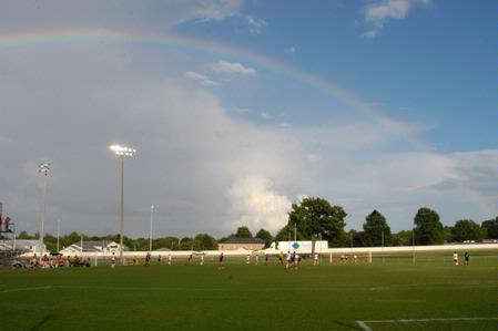 A rainbow shines over the soccer field while Union faces Lyon (Ark.) on Sept. 22. - Photo by Sarah Palmer Goff