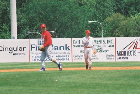 Union baseball Alumnas Chris Ring (left) and Jamie Gannini hold down the middle infield at the 2003 Union Baseball Alumni Game. - Photo by Steven Aldridge