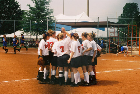 The Union Lady Bulldogs get ready to bat at the 2003 NAIA Softball World Series in Decatur, Ala. - Photo by Steven Aldridge