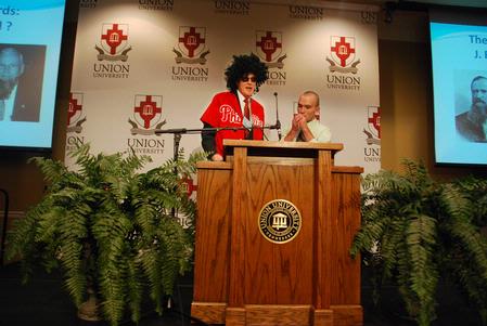 James Patterson, professor of Christian studies and associate dean of the school of Christian studies, performs a rap on 400 years of Baptist history at the Southern Baptists, Evangelicals and the Future of Denominationalism Conference. - Photo by Abby Ott