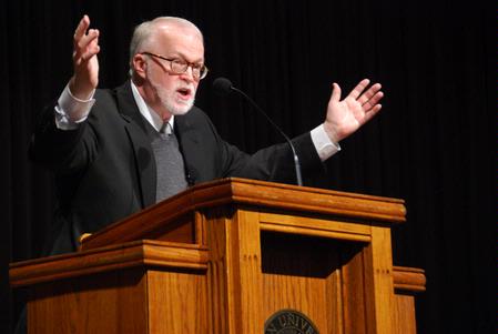 Timothy George, founding dean of the Beeson school of divinity at Samford University, speaks on "Baptists and Their Relations with Other Christians" in chapel during the Southern Baptists, Evangelicals and the Future of Denominationalism conference. - Photo by Abby Ott