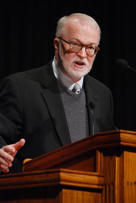 Timothy George, founding dean of the Beeson school of divinity at Samford University, speaks on "Baptists and Their Relations with Other Christians" in chapel during the Southern Baptists, Evangelicals and the Future of Denominationalism conference. - Photo by Abby Ott