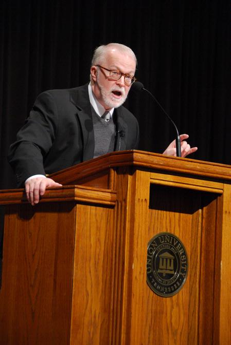 Timothy George, founding dean of the Beeson school of divinity at Samford University, speaks on "Baptists and Their Relations with Other Christians" in chapel during the Southern Baptists, Evangelicals and the Future of Denominationalism conference. - Photo by Abby Ott