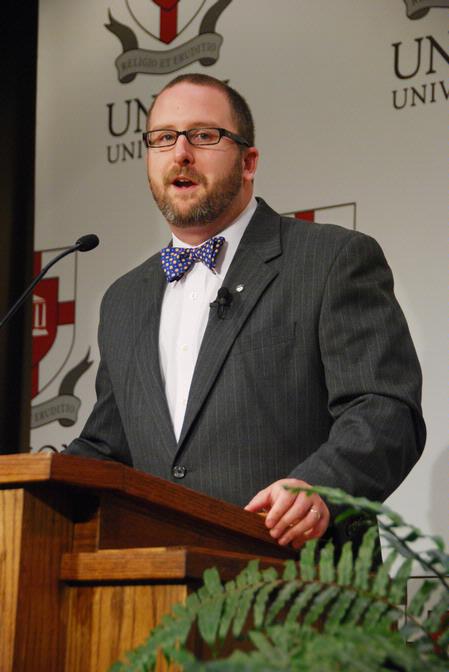 Nathan Finn, assistant professor of church history and Baptist studies at Southeastern Baptist Theological Seminary, delivers an address entitled "Southern Baptists and Evangelicals: Passing on the Faith to the Next Generation" at the Southern Baptists, Evangelicals and the Future of Denominationalism conference. - Photo by Abby Ott